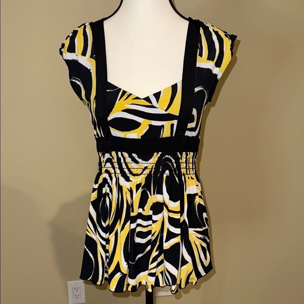 XOXO Blouse Black Yellow Crossover Bodice Top Tie Back Elastic Waist Women’s SzM